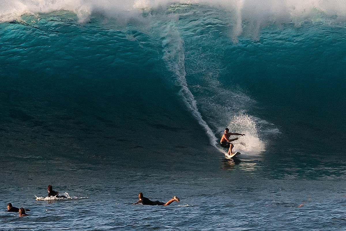 Kevin Emery surfing at Sunset Beach on Oahu's North Shore. Photograph by Mike Healey.