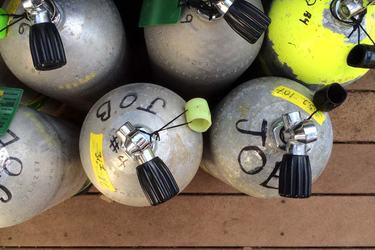 Nitrox SCUBA tanks belonging to Jamie O'Brien. Photograph by Shawn Young.